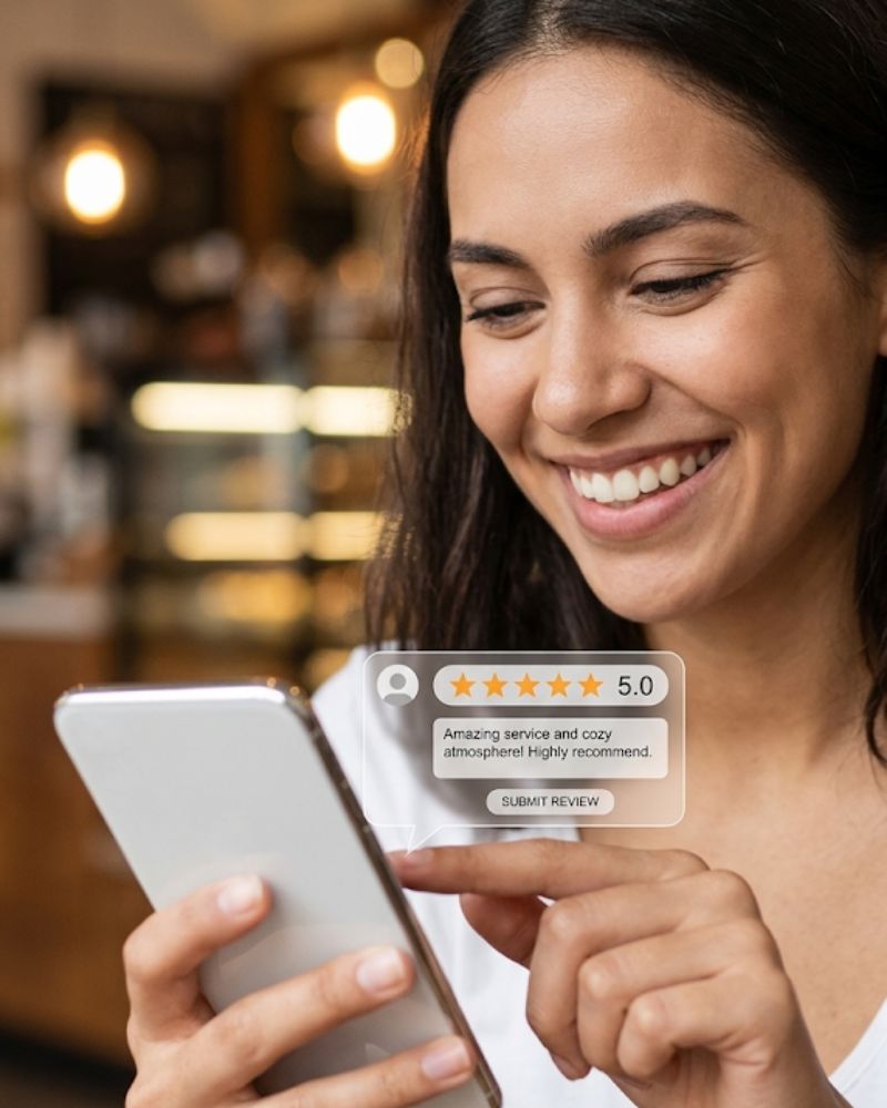 smiling customer giving 5 star review for amazing service